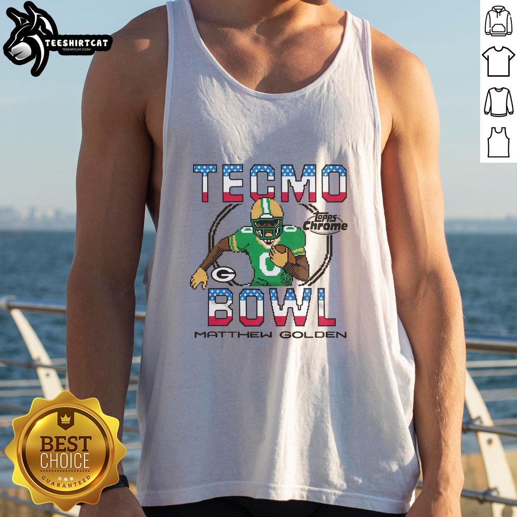 official-tecmo-bowl-x-topps-chrome-packers-matthew-golden-tank-top Official Tecmo Bowl X Topps Chrome Matthew Golden tank top featuring the Packers logo and vibrant design.
