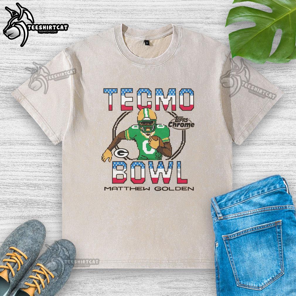 official-tecmo-bowl-x-topps-chrome-packers-matthew-golden-washed-t-shirt Alt Text: Official Tecmo Bowl X Topps Chrome Packers Matthew Golden Washed T-Shirt featuring a vintage football design.