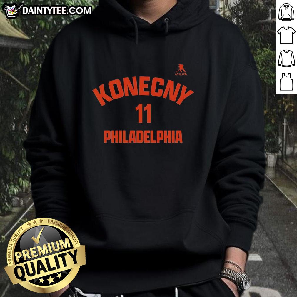 official-travis-konecny-11-philadelphia-flyers-hoodie Official Travis Konecny Philadelphia Flyers hoodie displayed on a mannequin with team colors and logo visible.
