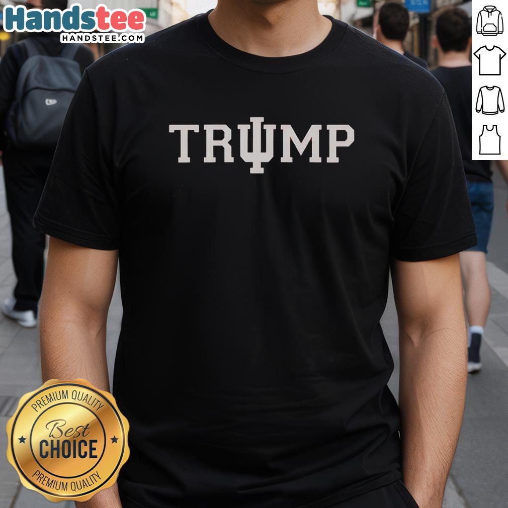 official-trump-x-indiana-hoosiers-logo-t-shirt Alt Text: Official Trump X Indiana Hoosiers logo t-shirt featuring bold graphics and vibrant colors, perfect for fans.
