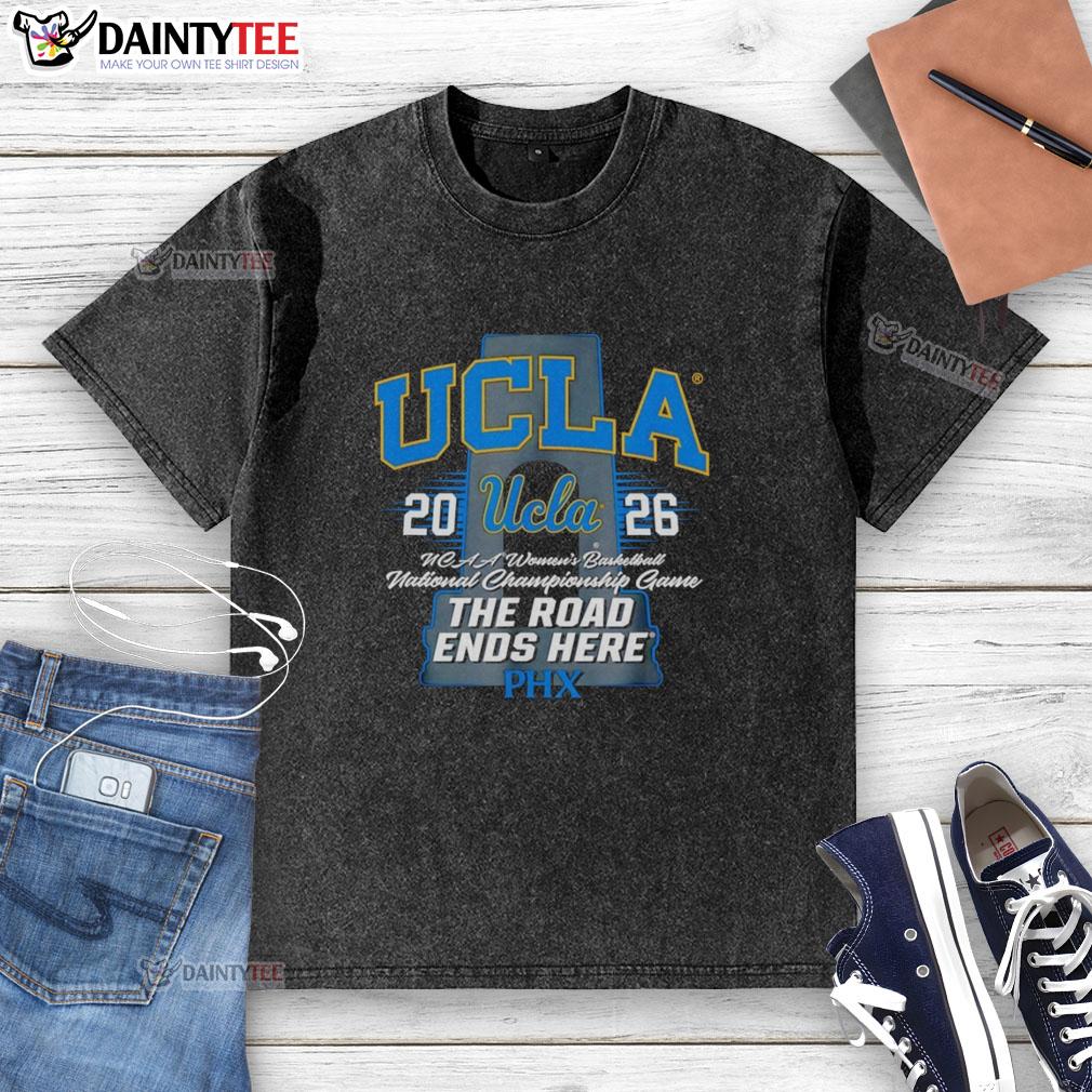 official-ucla-bruins-ncaa-womens-basketball-2026-the-road-ends-here-phx-washed-t-shirt Alt Text: Official UCLA Bruins NCAA Women's Basketball 2026 The Road Ends Here Phoenix washed t-shirt in blue.