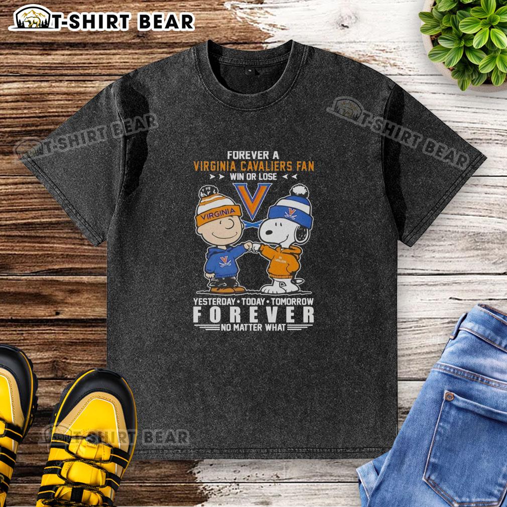 Official Virginia Cavaliers Snoopy And Charlie Brown Forever A Fan Win Or Lose Washed T-Shirt Alt Text: Official Virginia Cavaliers Snoopy and Charlie Brown Forever a Fan Win or Lose washed t-shirt design for fans.