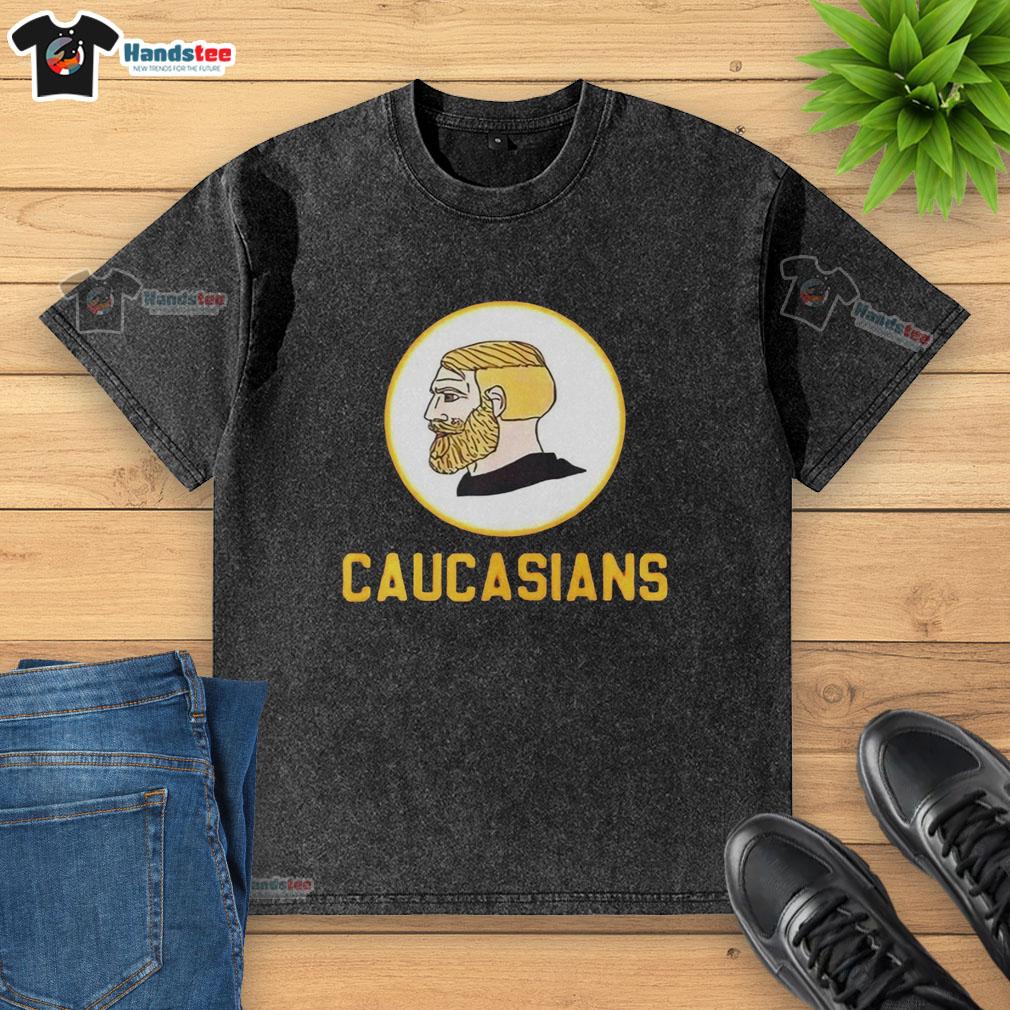 official-yes-chad-caucasians-logo-washed-t-shirt Official Yes Chad Caucasians logo on a washed t-shirt, showcasing a stylish and casual design for fans.
