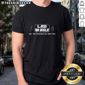 Funny Chemistry Lab Wars t-shirt featuring 'May The Research Be With You' slogan, perfect for science enthusiasts.