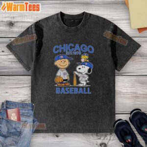 Cute Charlie Brown, Snoopy, and Woodstock in a Chicago Cubs baseball jersey, est. 1870, on a washed t-shirt.