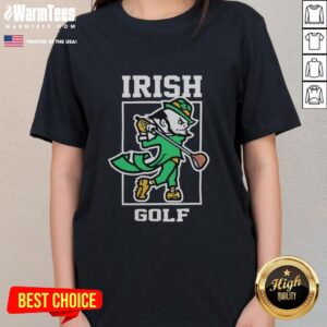 Alt Text: Hot Notre Dame Fighting Irish Golf Leprechaun 2026 design on ladies' tee, showcasing team spirit and style.