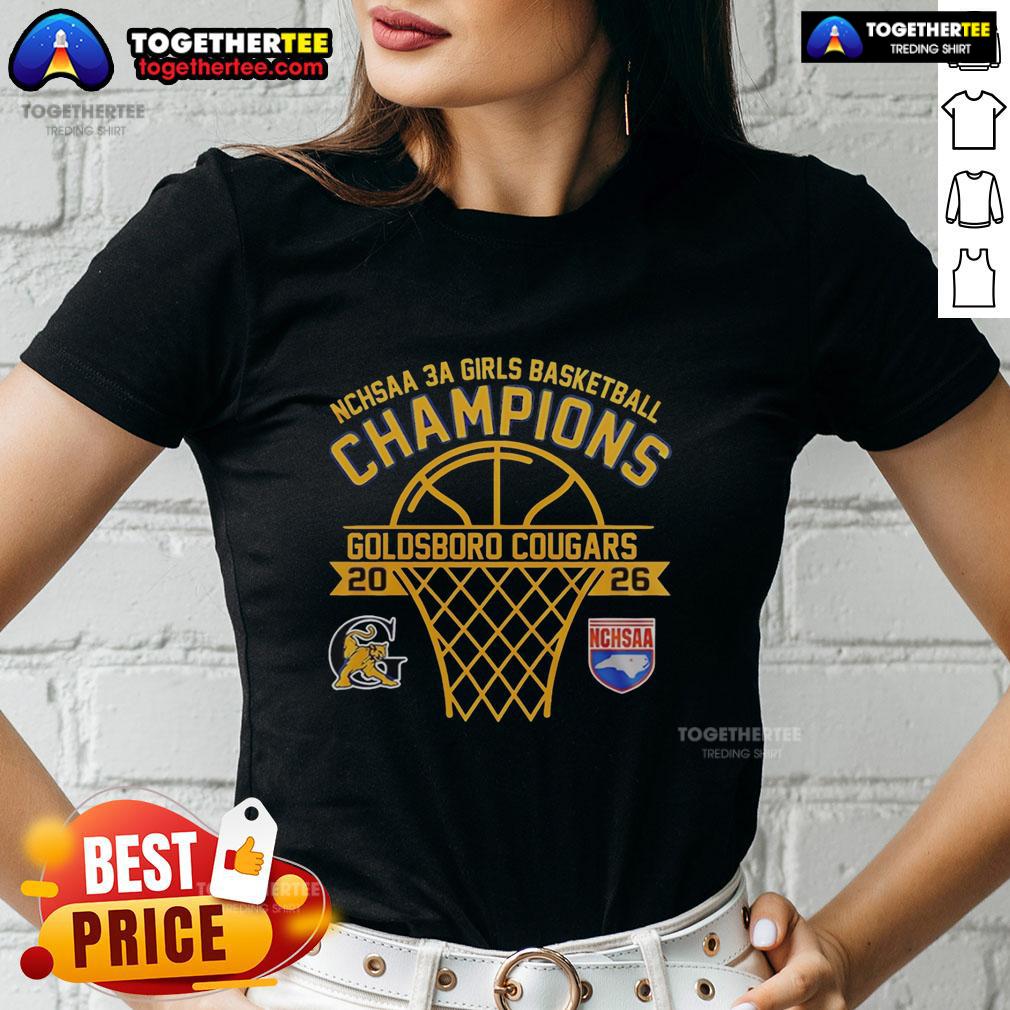 Original Goldsboro Cougars Nchsaa 3A Girls Basketball Champions Ladies Tee Alt Text: Original Goldsboro Cougars NCHSAA 3A Girls Basketball Champions Ladies Tee featuring team colors and logo.