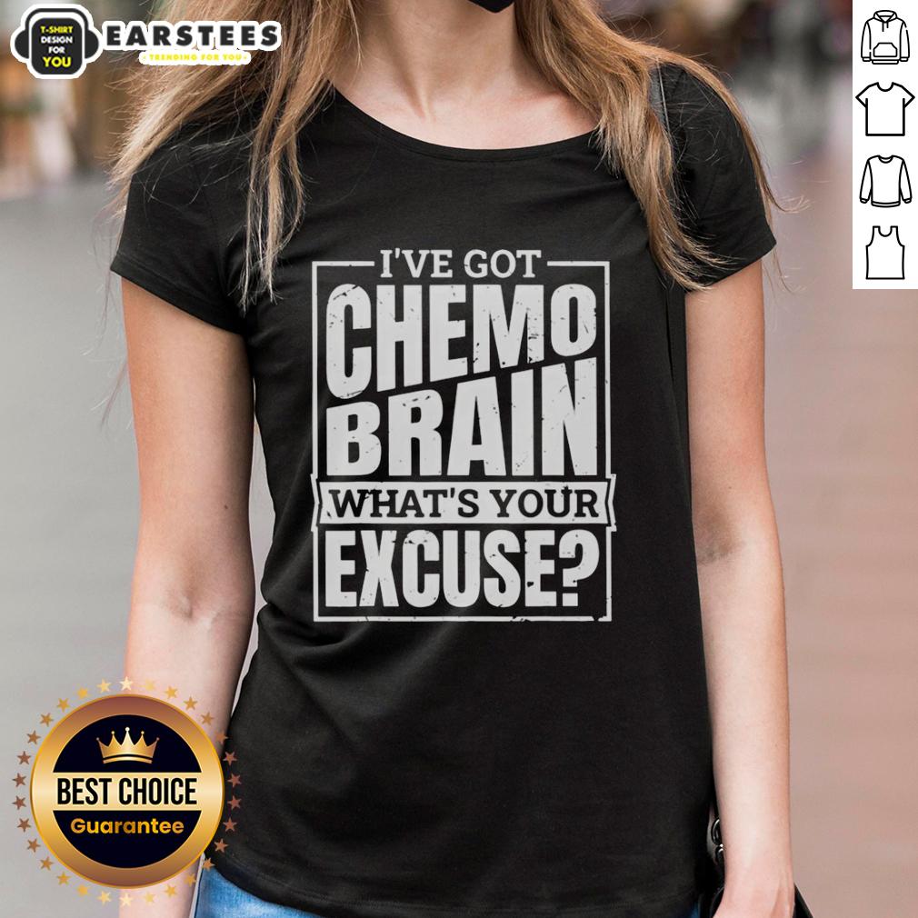 original-ive-got-chemo-brain-whats-your-excuse-ladies-tee Original 'I've Got Chemo Brain, What's Your Excuse?' ladies tee showcasing a bold graphic design for cancer awareness.