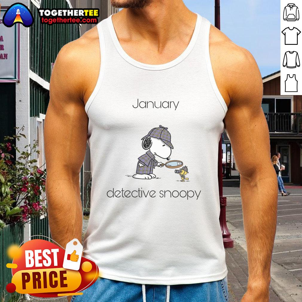 Original January Detective Snoopy Woodstock Tank Top Alt Text: Original January Detective Snoopy Woodstock tank top featuring vibrant graphics and playful design for fans.
