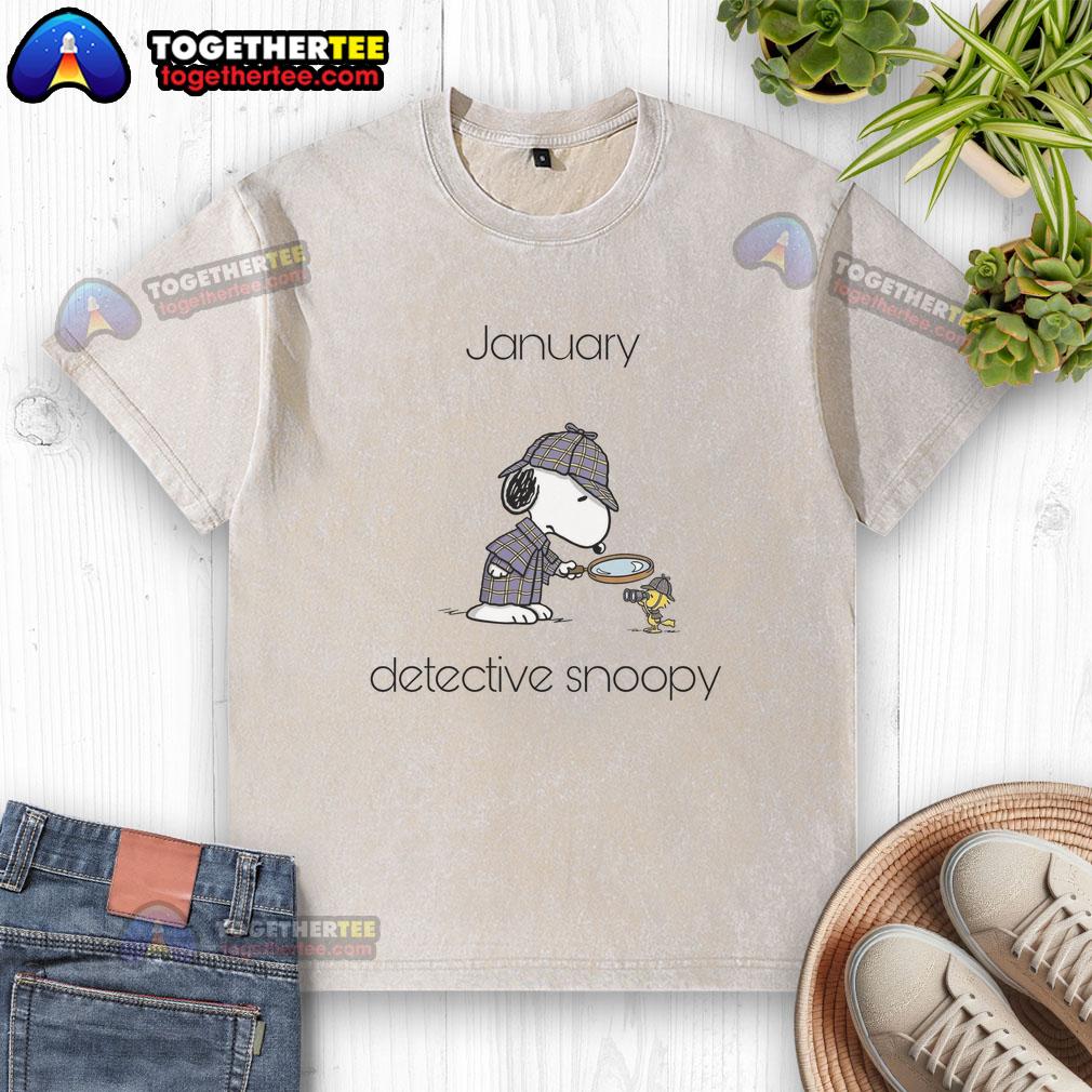 Original January Detective Snoopy Woodstock Washed T Shirt Alt Text: Original January Detective Snoopy and Woodstock design on a washed t-shirt, perfect for Peanuts fans.