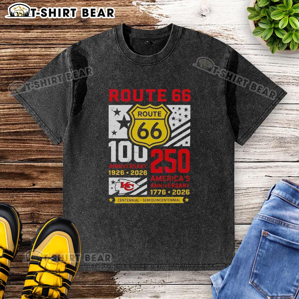 Original Kansas City Chiefs Route 66 Centennial 100th Anniversary 1926 2026 250th America Anniversary Washed T-Shirt Alt Text: Original Kansas City Chiefs Route 66 Centennial 100th Anniversary 1926-2026 washed t-shirt in vibrant colors.