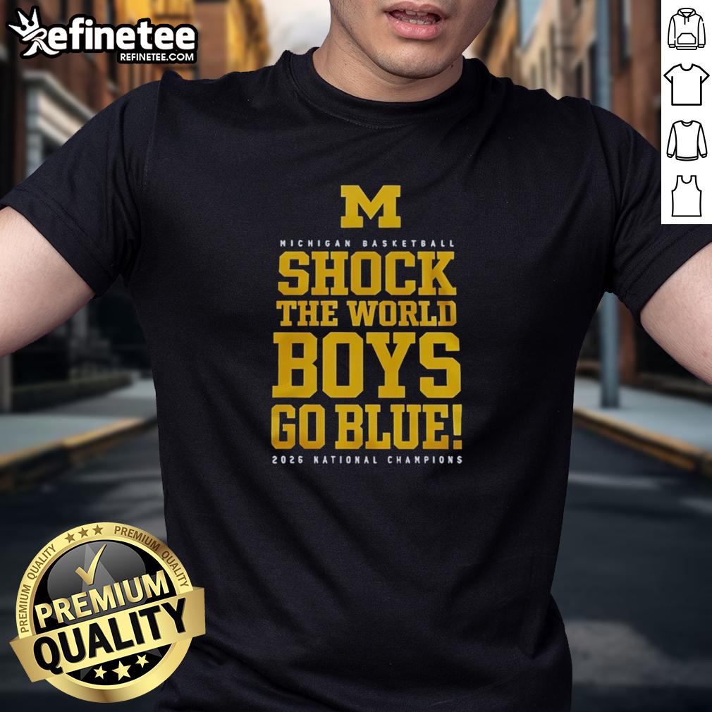 original-michigan-wolverines-ncaa-mens-basketball-national-champions-2026-shock-the-world-boys-go-blue-t-shirt Original Michigan Wolverines NCAA Men's Basketball National Champions 2026 'Shock The World' Go Blue T-Shirt design.