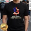 Original Mine Your Independence Bitcoin American Flag T-Shirt showcasing a bold design celebrating freedom and cryptocurrency.