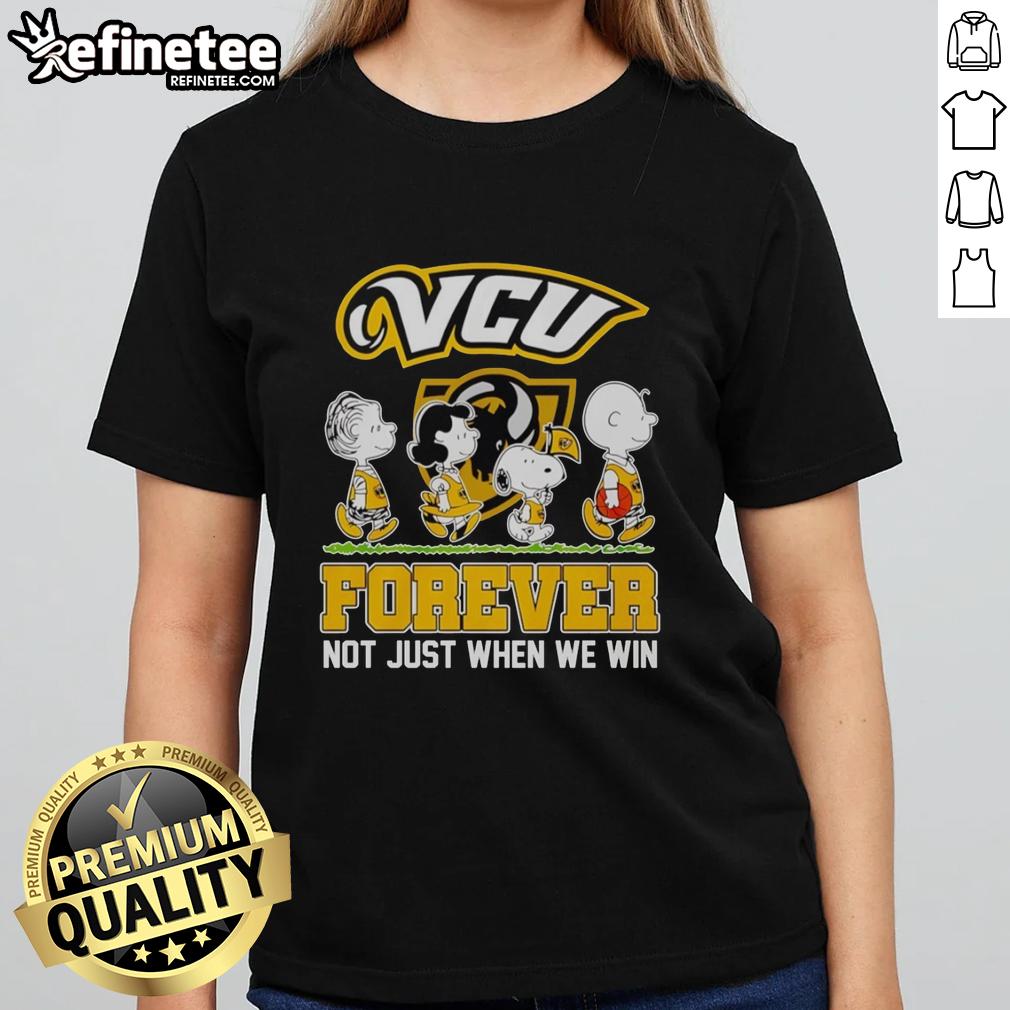 original-peanuts-characters-x-vcu-rams-nba-forever-not-just-when-we-win-ladies-tee Original Peanuts characters on a VCU Rams NBA tee, celebrating fandom with 'Forever, Not Just When We Win' slogan.