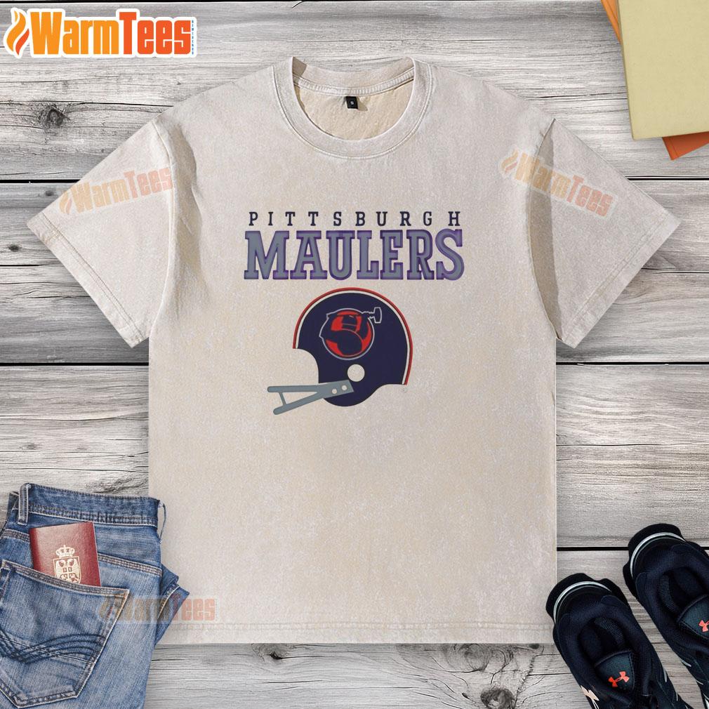 original-pittsburgh-maulers-usfl-helmet-and-wordmark-washed-t-shirt Alt Text: Original Pittsburgh Maulers USFL helmet and wordmark on a washed t-shirt, perfect for fans of vintage football apparel.