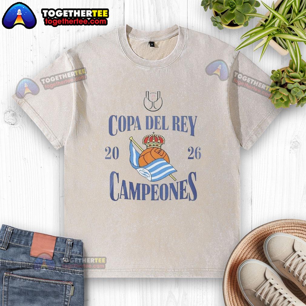 Original Real Sociedad Copa Del Rey Campeones 2026 Washed T Shirt Alt Text: Original Real Sociedad Copa del Rey Campeones 2026 washed t-shirt featuring team logo and vintage style design.