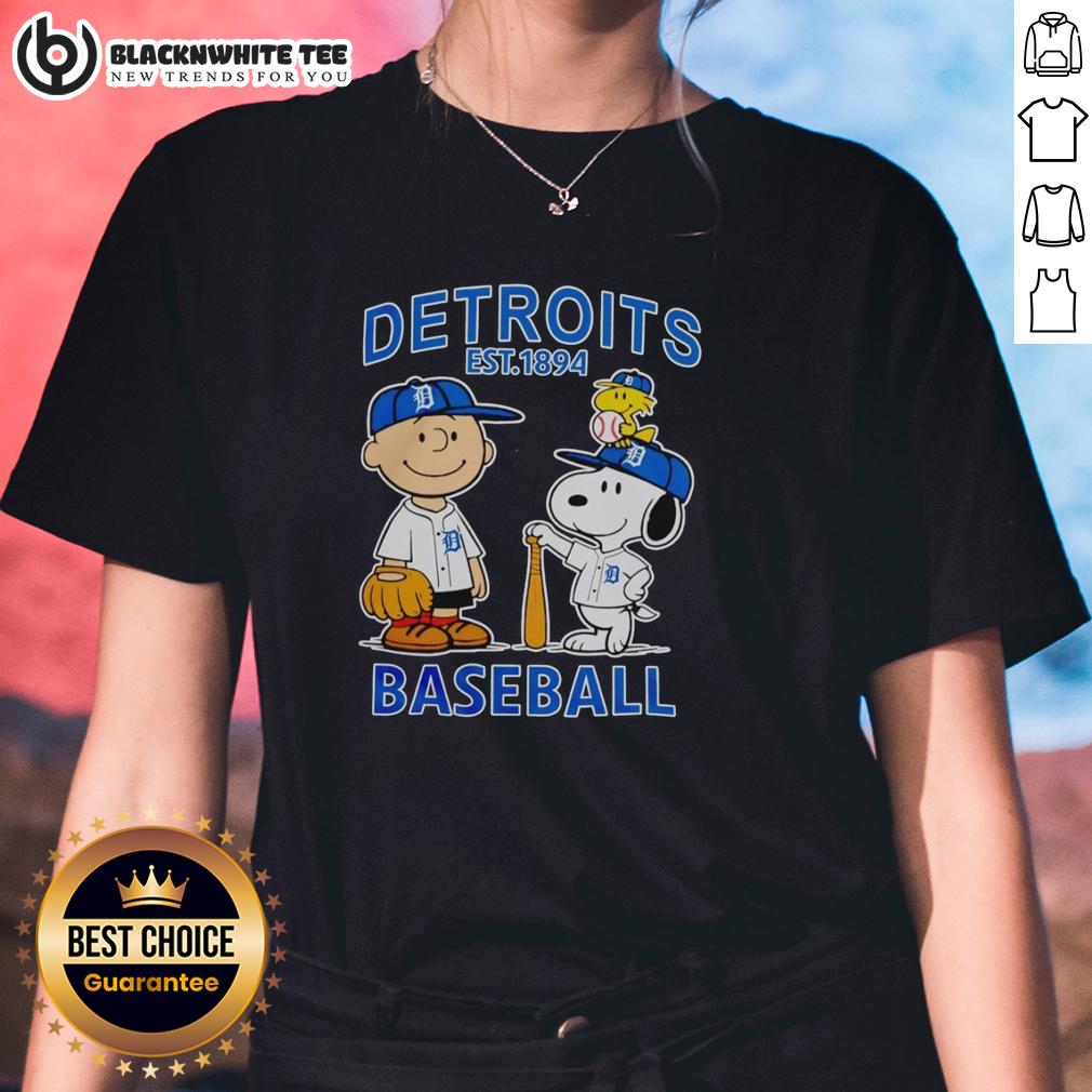 Original Snoopy And Charlie Brown X Detroit Tigers Baseball Est 1894 Ladies Tee