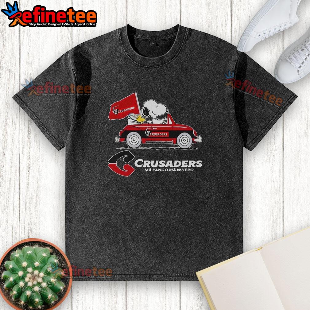 original-snoopy-and-woodstock-driver-car-crusaders-washed-t-shirt Original Snoopy and Woodstock driver car design on a washed t-shirt, perfect for fans of classic Peanuts characters.
