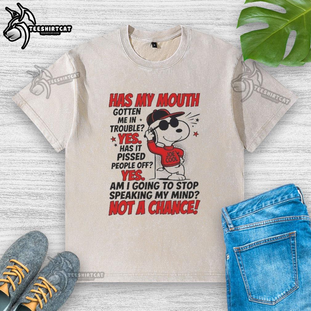 original-snoopy-wearing-red-hoodie-joe-cool-has-my-mouth-gotten-me-in-trouble-yes-it-pissed-people-off-washed-t-shirt Snoopy wearing a red hoodie with the text 'Has my mouth gotten me in trouble? Yes, it pissed people off' on a T-shirt.