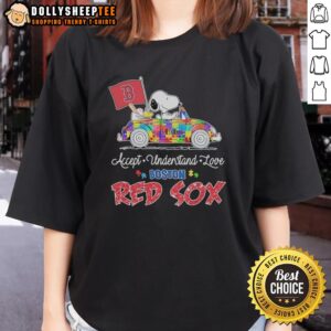 Awesome Snoopy and Woodstock driving a car on Boston Red Sox ladies tee promoting autism acceptance, understanding, and love.