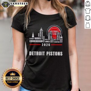 Official Detroit Pistons 2026 Greatest of All Time Players Tee featuring iconic city skyline design for women.