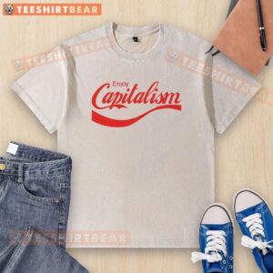 Funny parody washed t-shirt featuring 'Awesome Enjoy Capitalism' slogan, perfect for political humor enthusiasts.