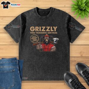 Awesome vintage retro grizzly tree trimming services t-shirt featuring a playful design and bold colors for nature lovers.