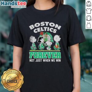 Official Peanuts Characters x Boston Celtics Forever tee for ladies, celebrating team spirit and fandom in style.