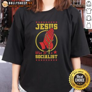Official Jesus Was A Socialist Ladies Tee featuring bold text on a stylish women's shirt, perfect for social justice advocates.