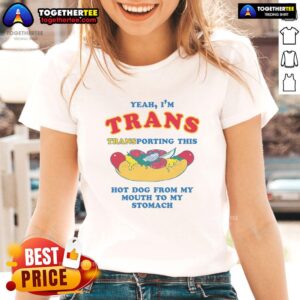 Funny ladies tee featuring 'Nice Yeah Im Trans' with a hot dog graphic, perfect for LGBTQ+ pride and casual wear.