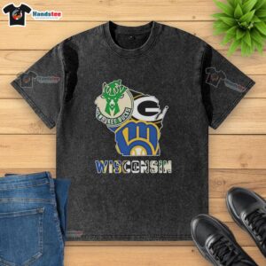 Alt Text: Premium Wisconsin Sports Teams graphic on a washed t-shirt, perfect for fans showcasing their team pride.