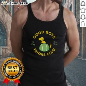Good Good Boys Tennis Club 'In Dog We Trust' tank top featuring playful dog graphics and vibrant colors for pet lovers.