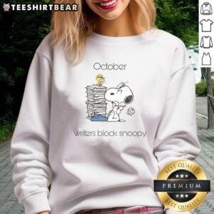 Cozy Cute October Writers Block sweatshirt featuring Snoopy and Woodstock, perfect for fall writing sessions.