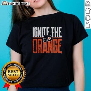 Nice Philadelphia Flyers Ignite The Orange 2026 Stanley Cup Playoffs ladies tee, featuring vibrant team colors and logo.