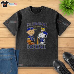 Alt Text: Good Charlie Brown, Snoopy, and Woodstock in Milwaukee Brewers baseball jersey Est. 1969 washed t-shirt design.