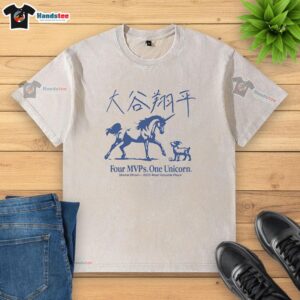 Official Shohei Ohtani 2025 MVP T-shirt featuring four MVPs and a unicorn design, perfect for fans and collectors.