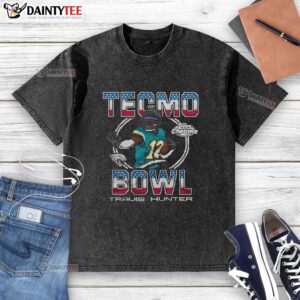 Alt Text: Good Tecmo Bowl X Topps Chrome Jaguars Travis Hunter washed t-shirt featuring vibrant graphics and comfortable fit.