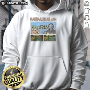 Official Mandalorian Jam hoodie featuring Grogu and Mando, perfect for fans of Star Wars and stylish comfort.