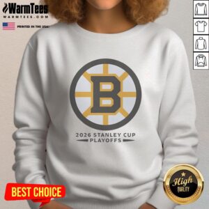 Boston Bruins NHL Stanley Cup Playoffs sweatshirt featuring a large team logo, perfect for fans and game day attire.