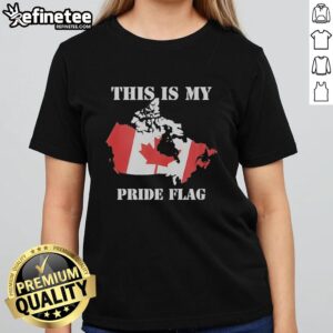 Retro ladies tee featuring the Canada flag and 'This Is My Pride Flag' design, perfect for celebrating pride.