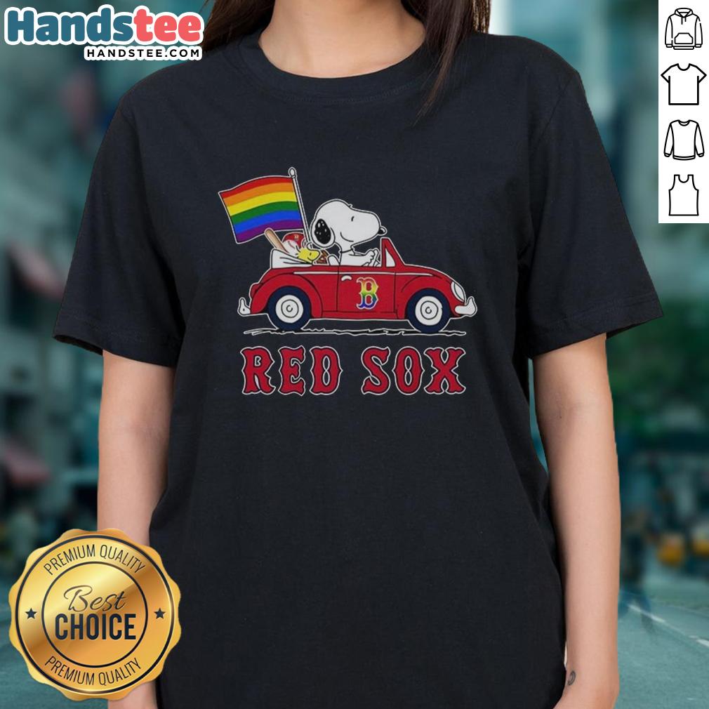 premium-boston-red-sox-x-snoopy-and-woodstock-driving-car-rainbow-flag-ladies-tee Alt Text: Premium Boston Red Sox X Snoopy and Woodstock driving a car with rainbow flag on a ladies tee shirt.