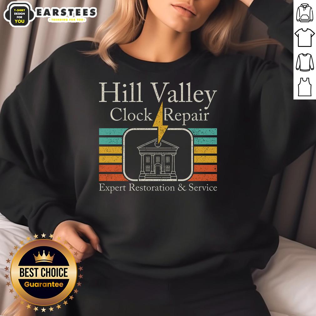 premium-hill-valley-clock-repair-sweatshirt Premium Hill Valley Clock Repair sweatshirt featuring a vintage design, perfect for fans of classic timepieces and nostalgia.