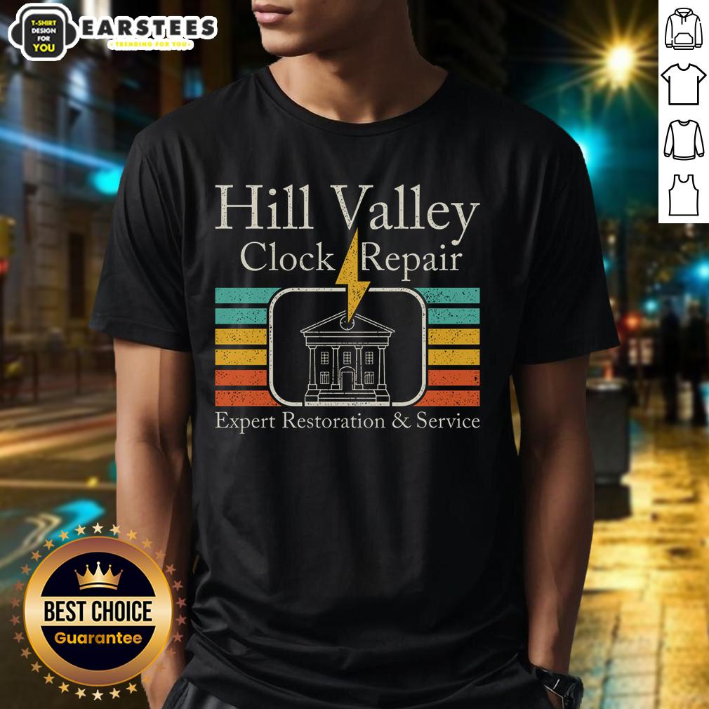 premium-hill-valley-clock-repair-t-shirt Premium Hill Valley Clock Repair T-Shirt featuring a vintage design perfect for fans of time travel and retro style.