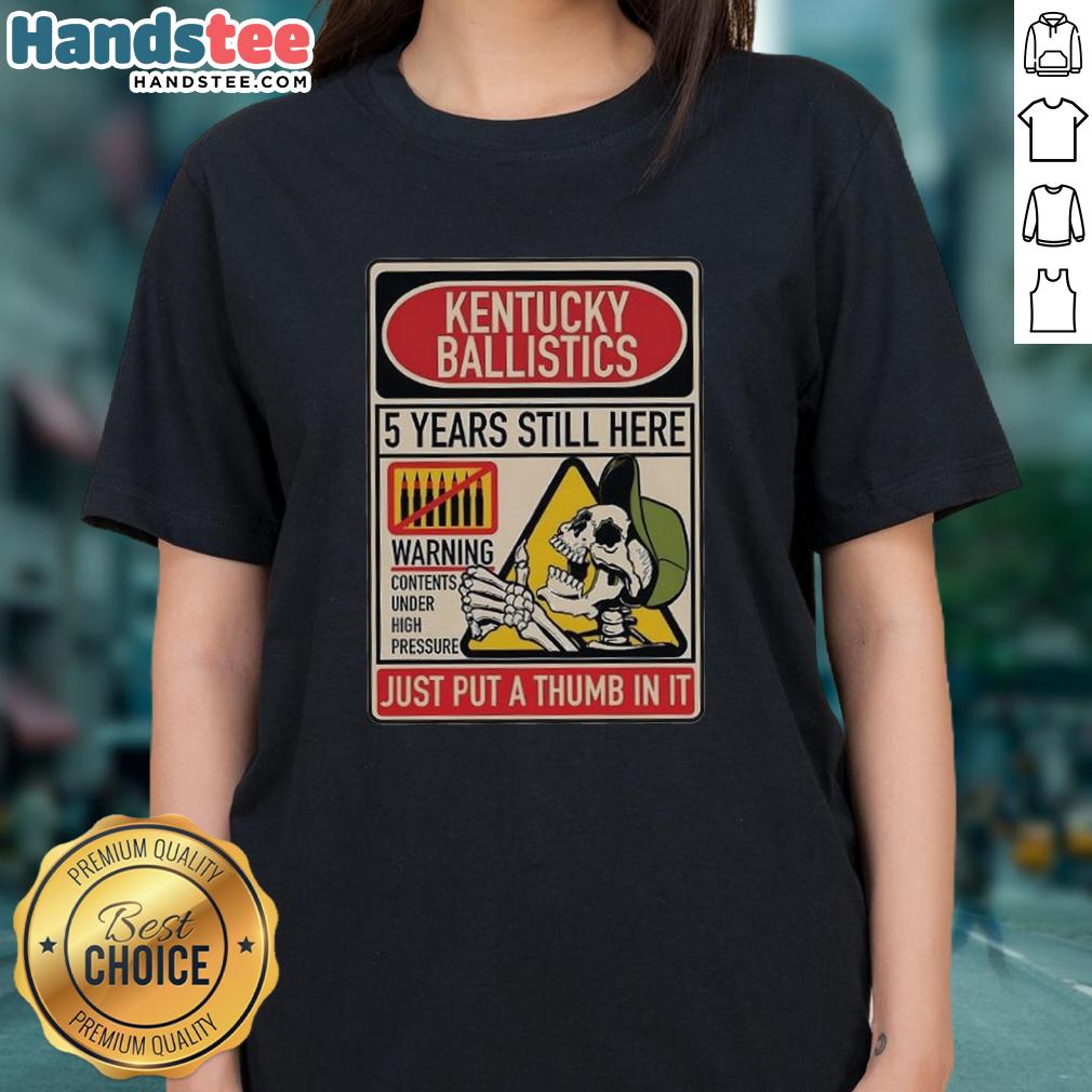 premium-kb-5-years-still-here-just-put-a-thumb-in-it-anniversary-ladies-tee Premium KB anniversary ladies tee featuring a fun design: '5 Years Still Here, Just Put A Thumb In It' for casual wear.