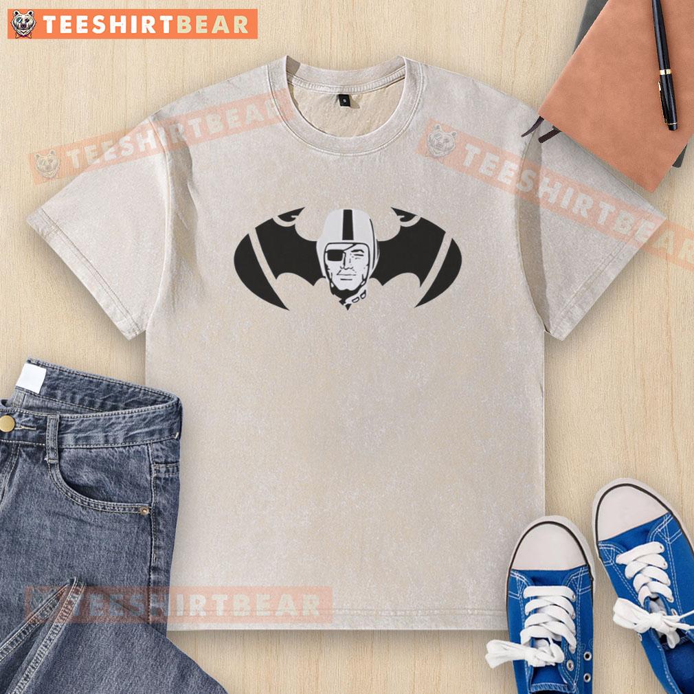 premium-las-vegas-raiders-x-batman-logo-washed-t-shirt Alt Text: Premium Las Vegas Raiders x Batman logo washed t-shirt featuring a stylish design for fans of both brands.