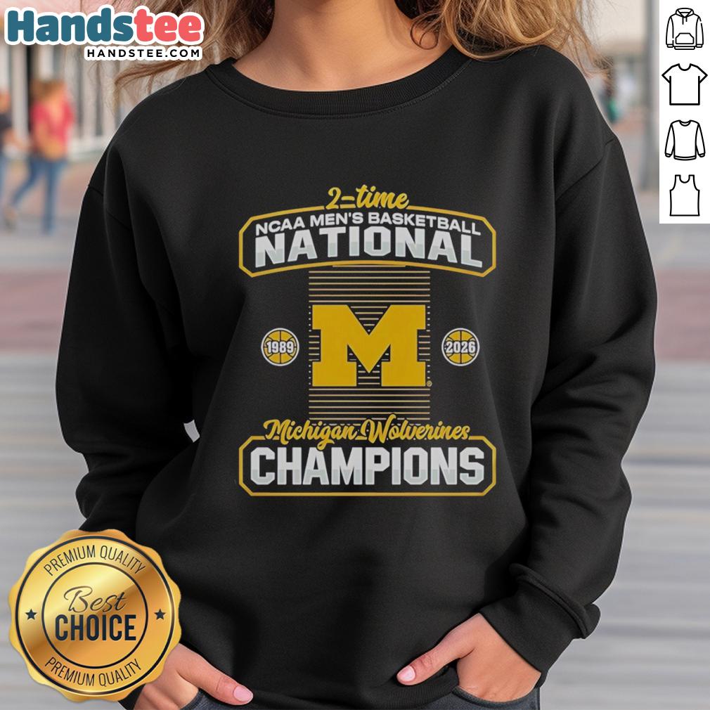 premium-michigan-wolverines-2-time-ncaa-mens-basketball-national-champions-2026-sweatshirt Alt Text: Premium Michigan Wolverines 2-Time NCAA Men's Basketball National Champions 2026 Sweatshirt in navy blue.
