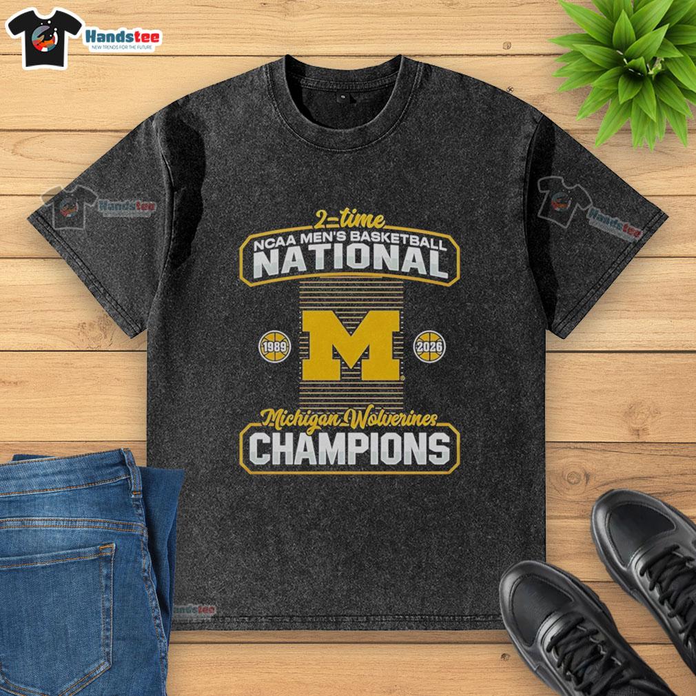 premium-michigan-wolverines-2-time-ncaa-mens-basketball-national-champions-2026-washed-t-shirt Premium Michigan Wolverines 2-Time NCAA Men's Basketball National Champions 2026 washed t-shirt in navy blue.