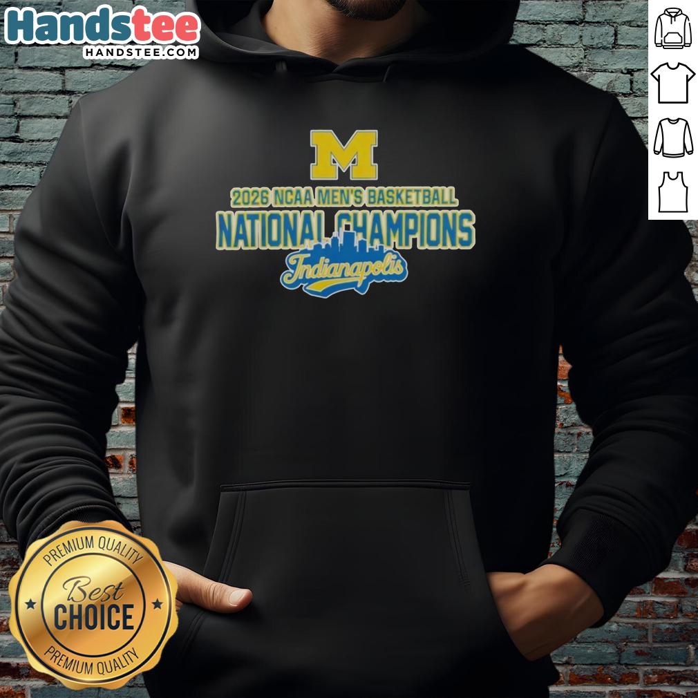 premium-ncaa-michigan-wolverines-mens-basketball-2026-national-champions-hoodie Premium NCAA Michigan Wolverines Men's Basketball 2026 National Champions Hoodie in navy with logo design.