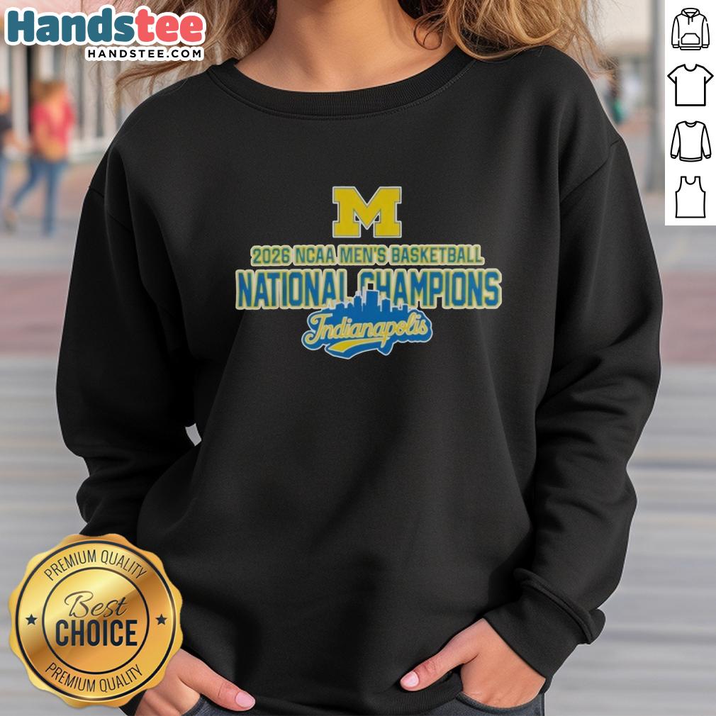 premium-ncaa-michigan-wolverines-mens-basketball-2026-national-champions-sweatshirt Premium NCAA Michigan Wolverines Men's Basketball 2026 National Champions Sweatshirt in navy blue with team logo.