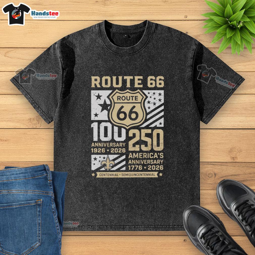 premium-new-orleans-saints-route-66-centennial-100th-anniversary-1926-2026-250th-america-anniversary-washed-t-shirt Alt Text: Premium New Orleans Saints Route 66 Centennial T-shirt celebrating 100th Anniversary (1926-2026) and America's 250th.